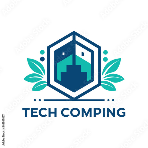 A modern, abstract logo design for a tech co-working space featuring a hexagon, stylized buildings, and leaves, Craft a simple and elegant logo for a tech co-working space