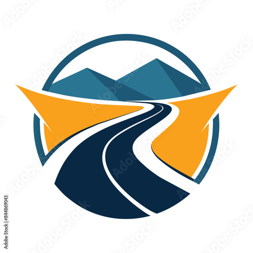 A circular logo depicting a winding road leading toward two mountain peaks, Craft a simple and elegant logo that captures the essence of the open road