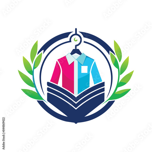 A contemporary logo for an online clothing store featuring a stylized shirt on a hanger, surrounded by a laurel wreath, Create a clean and modern logo for an online clothing store