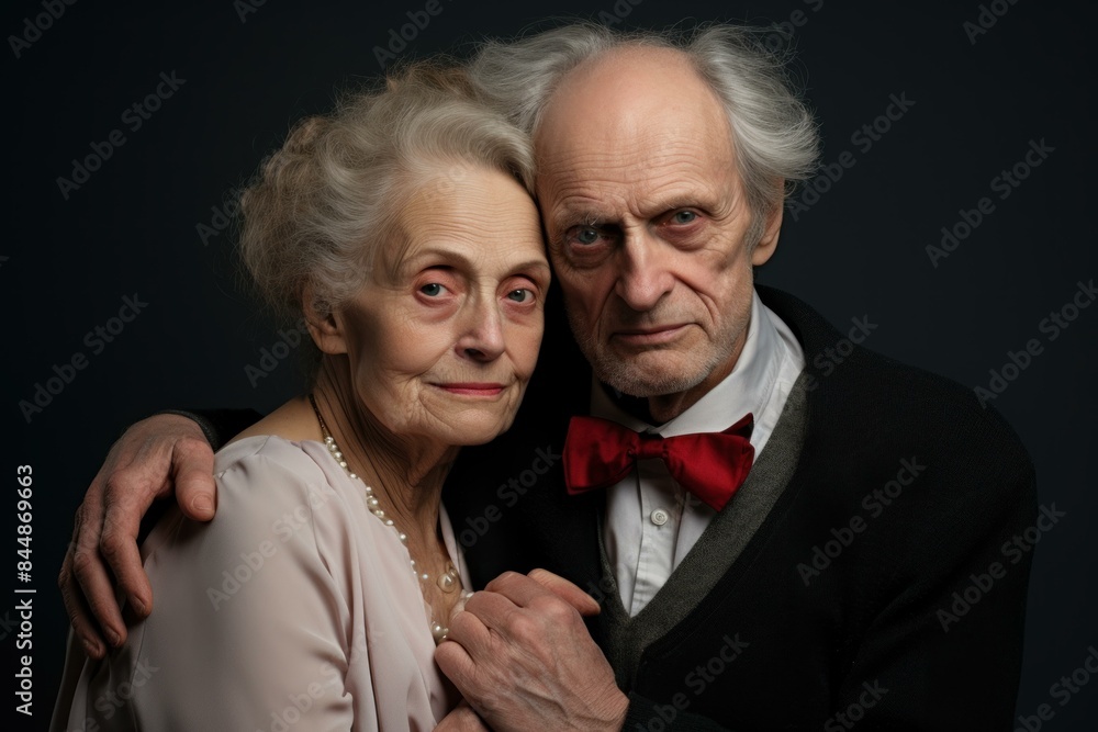 Portrait of a sophisticated elderly couple sharing a tender embrace against a dark background Portrait of a sophisticated elderly couple sharing a tender embrace against a dark background