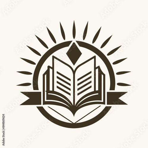 A simple yet elegant logo depicting an open book with a sunburst and ribbon, symbolizing knowledge and achievement, Create a minimalist and timeless logo for a publishing imprint