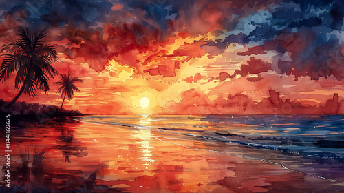 Sunset over the sea in watercolor style