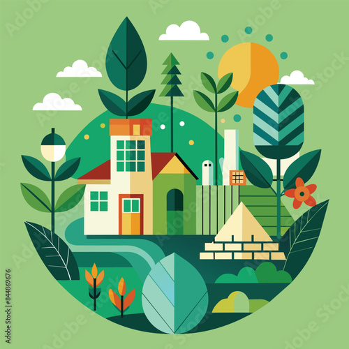 A simplified illustration depicting a charming village nestled within a lush green landscape, bathed in the warmth of a bright sun, Create a minimalist design that encourages a greener way of living