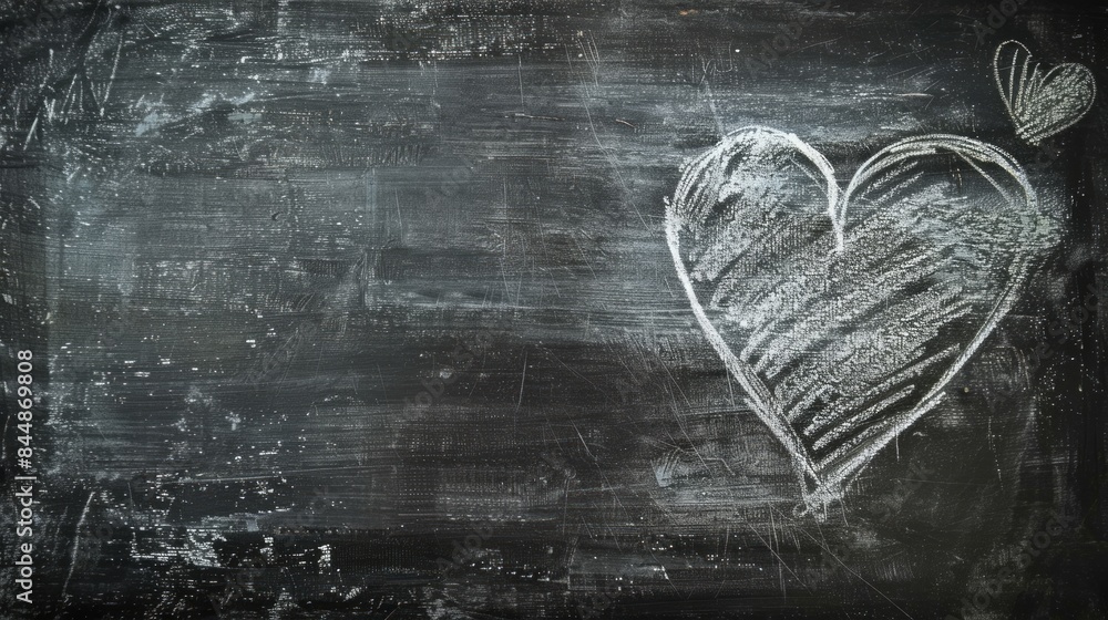 Chalkboard with a large heart drawn in white chalk. Heart drawing on blackboard. Concept of love, simplicity, minimalistic art, romantic decoration. Copy space Chalkboard with a large heart drawn in white chalk. Heart drawing on blackboard. Concept of love, simplicity, minimalistic art, romantic decoration. Copy space