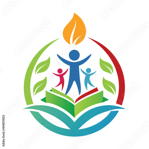 A minimalist logo featuring three children standing on an open book with a leafy flame above, Create a minimalist logo for a legal tech startup