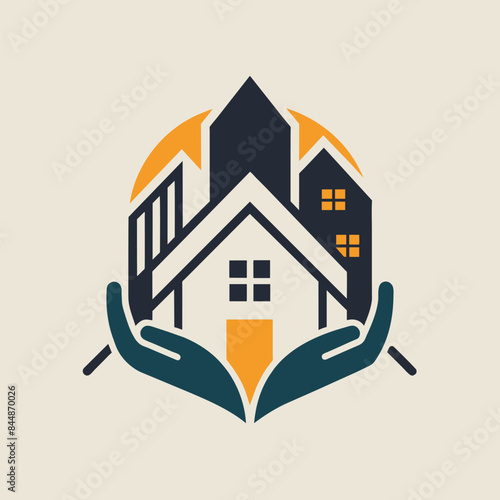 Minimalist Charity Logo Featuring Cityscape and Hands Protecting a House, Create a minimalist logo for a charity that works to end homelessness in urban areas