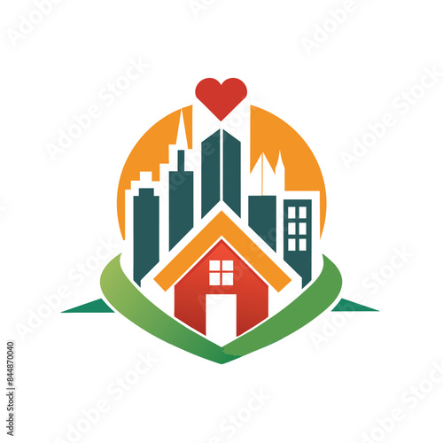 A minimalist logo depicting a house and city skyline, surrounded by a heart and hands, Create a minimalist logo for a charity that works to end homelessness in urban areas