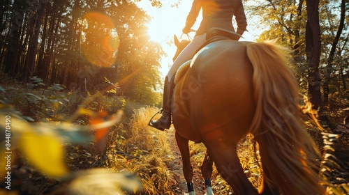 Rider on horseback in a sunlit forest trail. Horseback riding in forest. Concept of equestrian sport, outdoor adventure, nature trail, sunlight photo