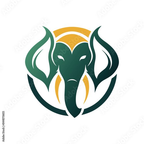 A stylized green elephant head with yellow accents in a circular frame, Create a minimalist logo with a subtle nod to the strength and grace of an elephant