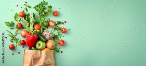 Fresh assortment of vegetables and fruits spilling out of a paper bag on green background. Concept of healthy eating  nutrition  vegan diet  grocery shopping. Copy space