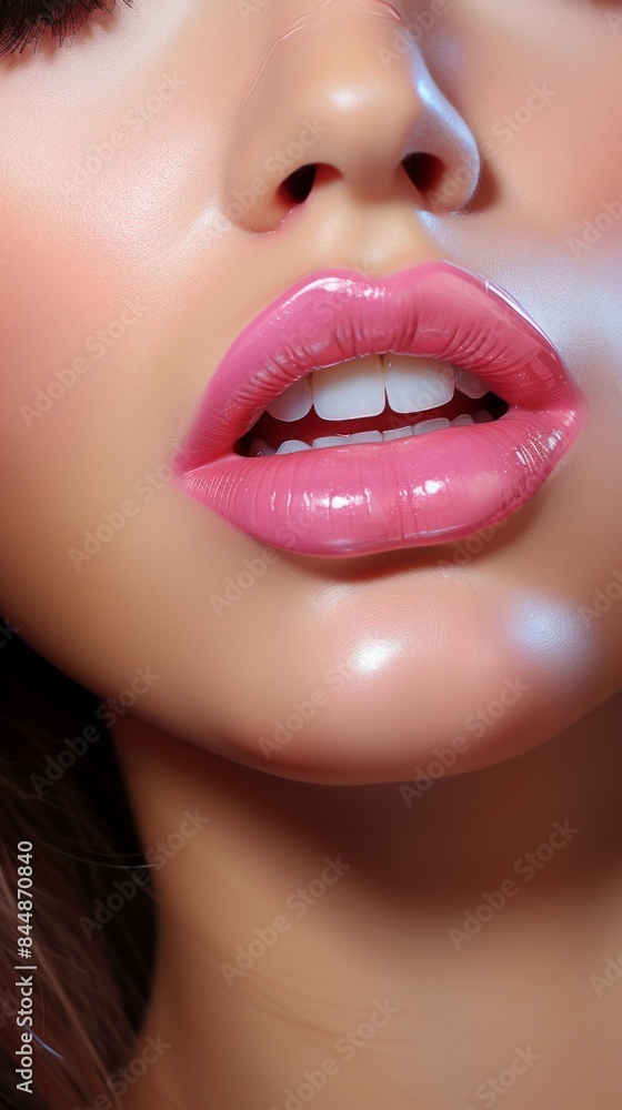Close-up of beautiful glossy pink lips on female face. Concept of beauty, cosmetics, makeup, lip care, fashion. Vertical Close-up of beautiful glossy pink lips on female face. Concept of beauty, cosmetics, makeup, lip care, fashion. Vertical