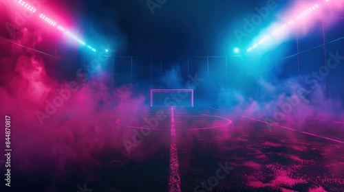 A dynamic soccer field center under neon lights, foggy and atmospheric