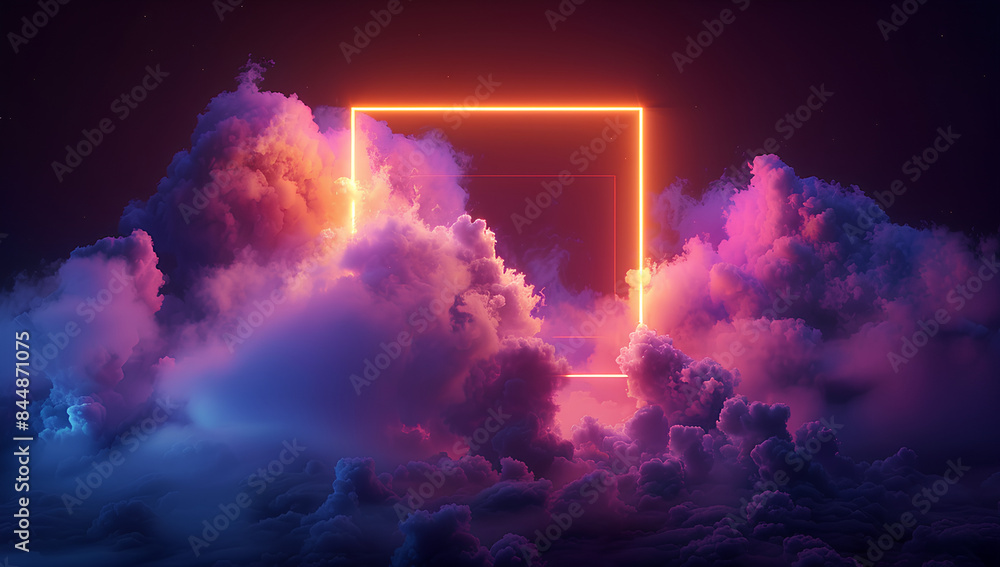 Fototapeta premium 3d render, abstract minimal background with pink blue yellow neon light square frame with copy space, illuminated stormy clouds, glowing geometric shape