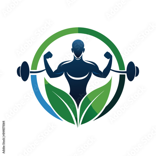 Sleek Green And Blue Fitness Logo Featuring A Muscular Figure Lifting Weights, Create a sleek logo that embodies the idea of wellness and strength