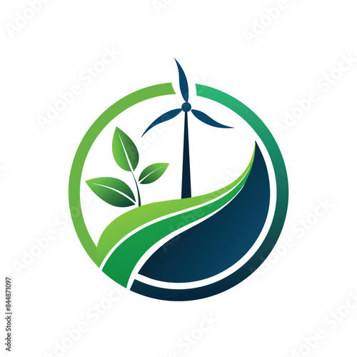 A circular logo design featuring a stylized wind turbine and a sprout in a green landscape, symbolizing renewable energy, Create a sleek symbol for a renewable energy company
