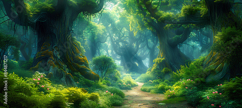 Fototapeta Naklejka Na Ścianę i Meble -  A beautiful fairytale enchanted forest with big trees and great vegetation. Digital painting background