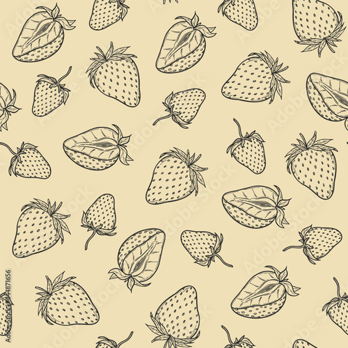 Strawberry seamless pattern, vector strawberries black line art illustration on beige background, hand drawn botanical outline sketch. Monochrome drawing. For digital background, packaging, textile.
