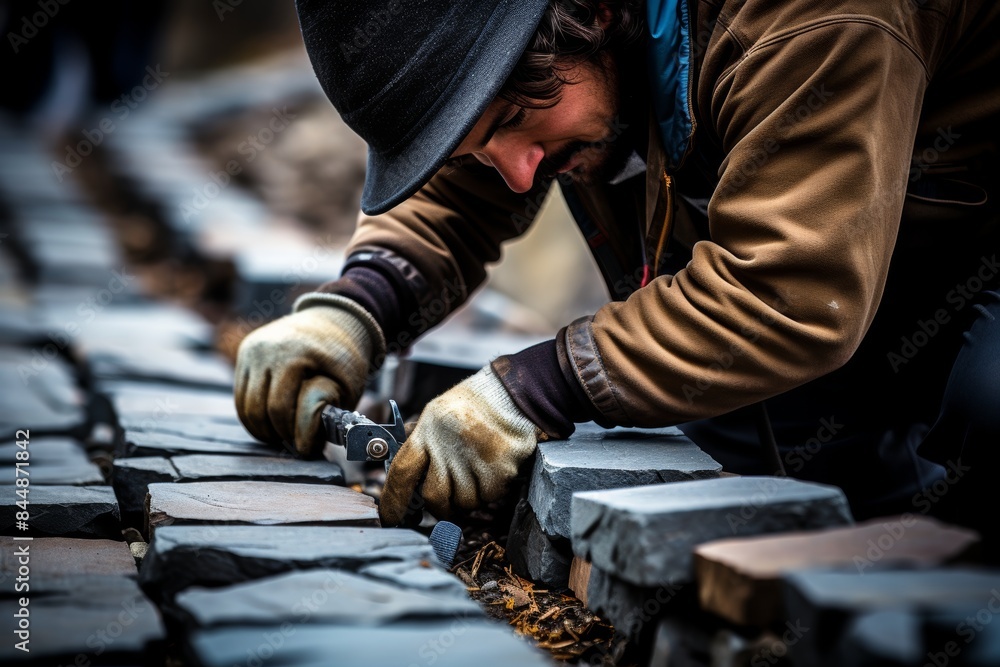 Experts crafting ornamental pathway using tiles and stones for exquisite outdoor walkway Experts crafting ornamental pathway using tiles and stones for exquisite outdoor walkway
