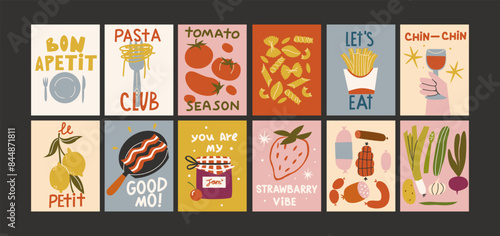 Abstract food posters for the kitchen. Culinary compositions in cartoon trendy style of Matisse. Decor for kitchens, cafes and restaurants. Minimalist banners for wall decor, prints, wallpaper.