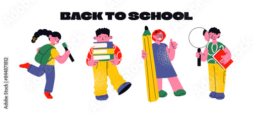 Back to school cartoon characters school children's and students. Doodle mascots with stationery supplies, teenagers with backpacks, books. Set retro groovy mascots in 90s style