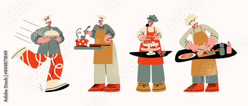 Cartoon characters bakers, chefs in uniform. Set of cooking mascots. Retro vintage doodle style 90s. Waiters dressed in an apron with dishes in their hands