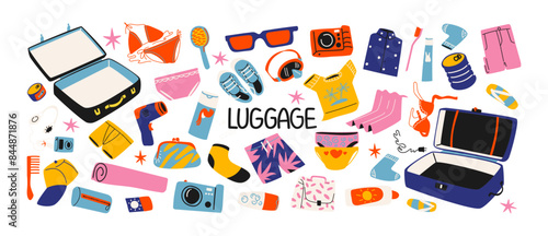 Set cartoon luggage stickers, travel bags, suitcases with clothes for travel. Packing for vacation, beach. Various clothes, accessories, vacation concept. Vector doodle groovy drawing in retro style