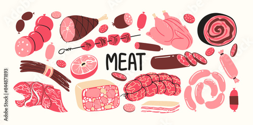 Set of meat products ingredients for BBQ, sausages, meat, steaks, chicken legs. Cartoon flat doodle design of pieces of meat. Raw and fried meat kebab set