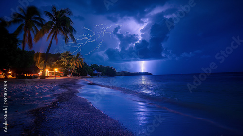 Thunderous dark sky with clouds and  lightning    and sea 