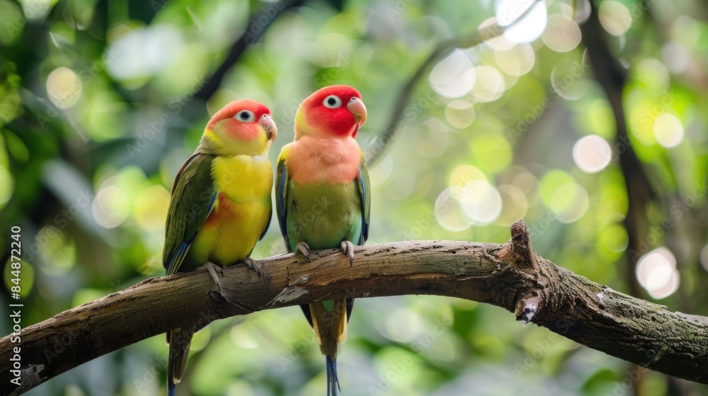 A pair of lovebirds are perched on a tree branch A pair of lovebirds are perched on a tree branch