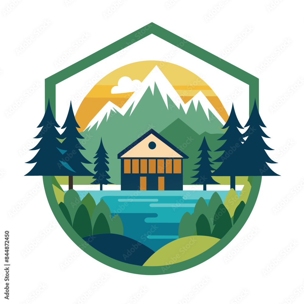 A house nestled in a forest with mountains in the backdrop, Design a minimalist logo for a lakeside resort that exudes tranquility A house nestled in a forest with mountains in the backdrop, Design a minimalist logo for a lakeside resort that exudes tranquility