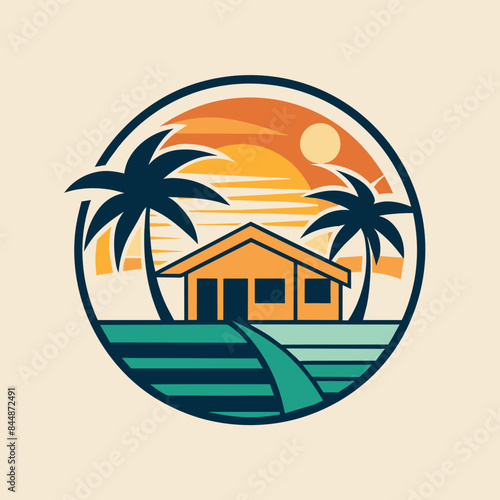 A minimalist logo design featuring a beach house, palm trees, and sunset, Design a minimalist logo for a luxury beach resort