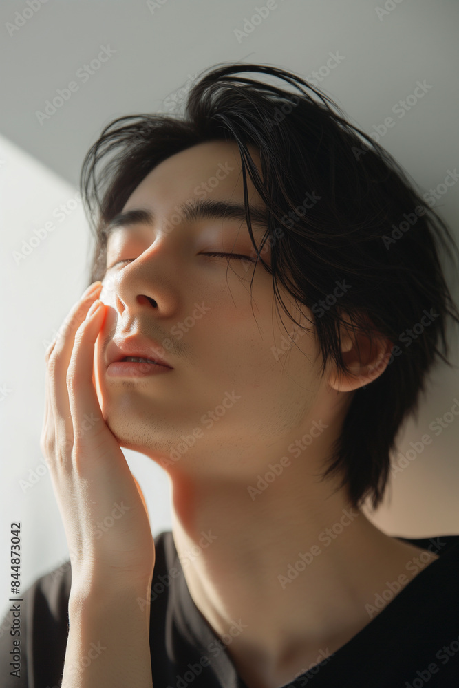 Young Man Smiling and Touching His Face Young Man Smiling and Touching His Face