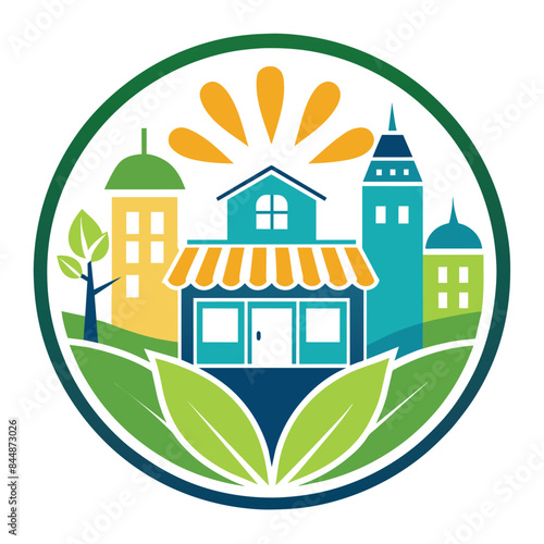 A logo for a community outreach program, featuring a stylized sun, buildings, and leaves in a circle, Design a simple logo for a community outreach program supporting local small businesses