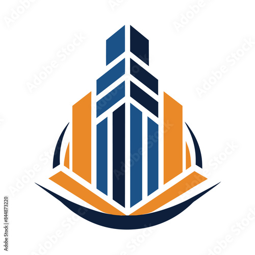 A minimalist logo design featuring a stylized skyscraper in blue and orange, A simple and sophisticated design for a sushi bar