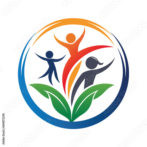 A contemporary logo design featuring three stylized people figures in a circular shape with leaves, Design a sleek and contemporary logo for a foundation supporting underprivileged children