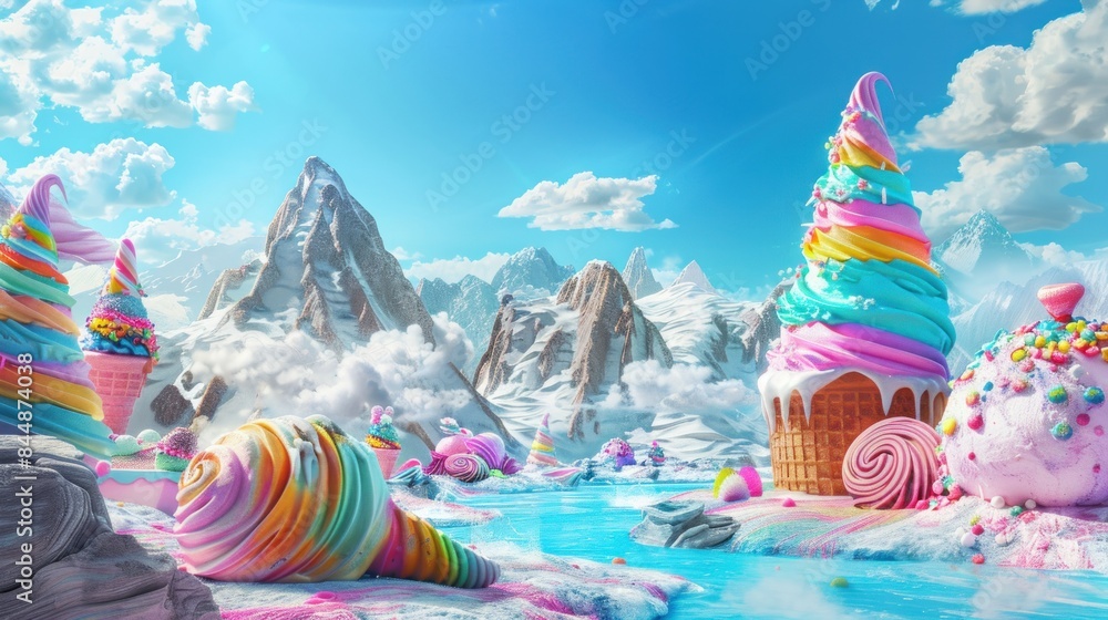 A candy and sweet themed fantasy world with attractive and bright multicolored buildings and plants