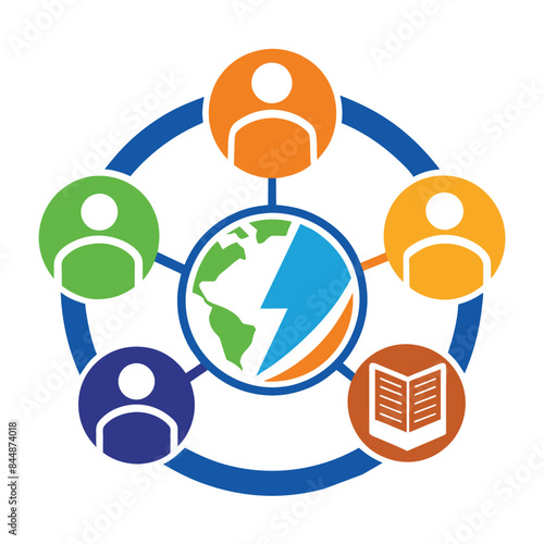 A logo depicting a global network of people connected by a blue circle and sharing information through a book, Develop a logo that captures the essence of sharing information