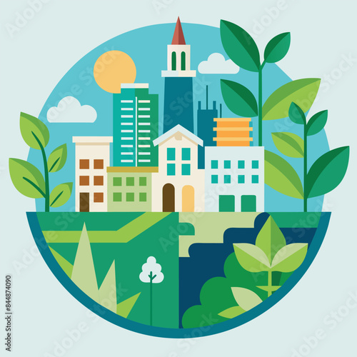 A minimalist icon representing urban sustainability, featuring buildings, green spaces, and a sun, Develop a minimalist icon that symbolizes sustainable urban development and green spaces