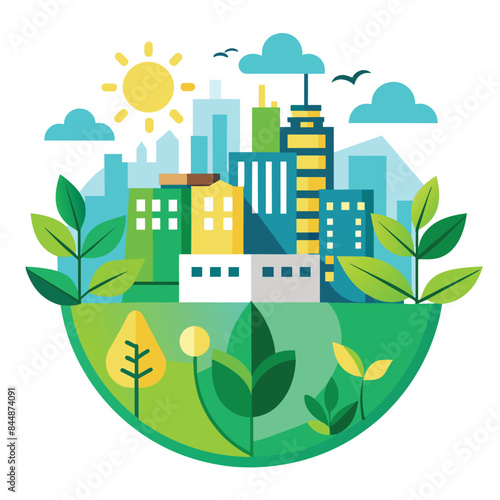 A simple, flat design icon portraying a city skyline within a circular, green space, Develop a minimalist icon that symbolizes sustainable urban development and green spaces