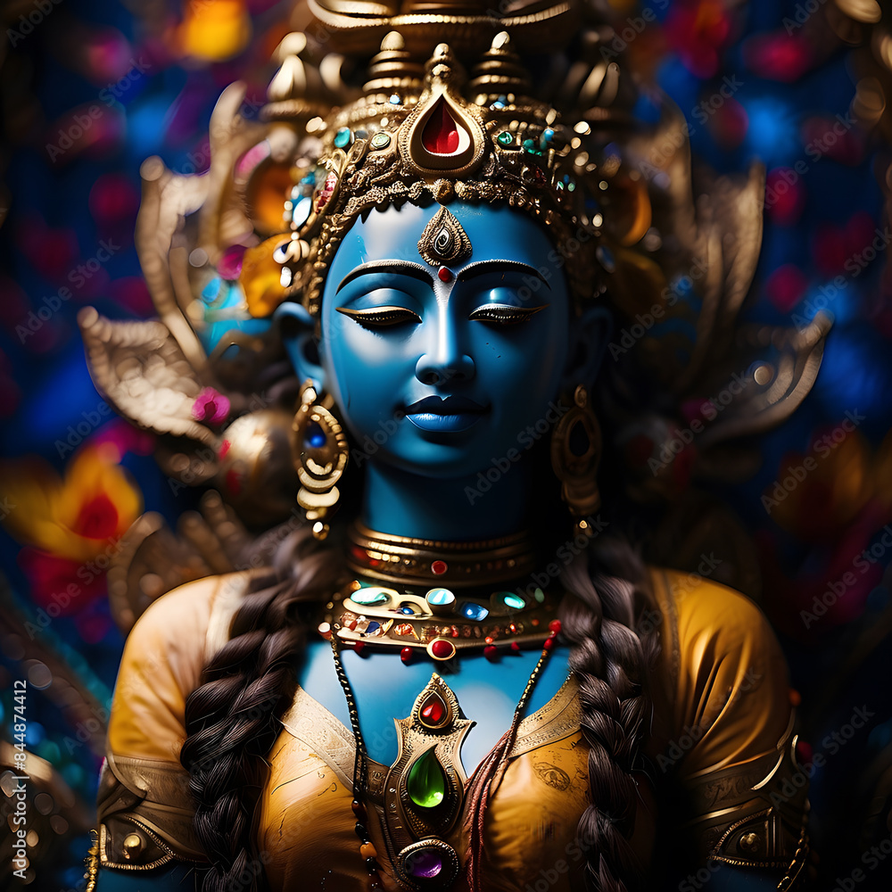 Close Up of a Blue Goddess Statue Wearing Jewelry, Close Up of a Blue Goddess Statue Wearing Jewelry,