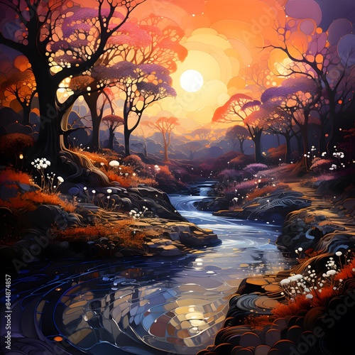 Illustration of a fantasy landscape with a river and trees at sunset © Iman