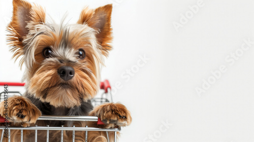 Yorkshire Terrier dog in a supermarket cart  the concept of pet store shopping with text space