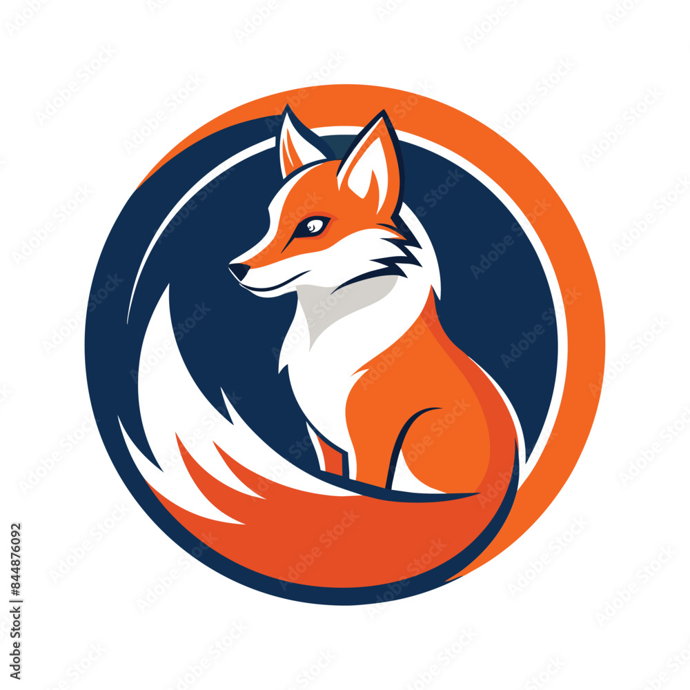 Obraz premium A simple design of a fox in an orange circle with a blue background, fox animal logo with simple circle design shape