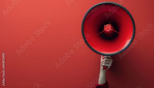 Yellow Megaphone Held By Hand Against Red Background
