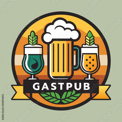 A simple and stylish logo design featuring a blue house with a red plus sign, Generate a simple and stylish logo for a modern gastropub with a rotating selection of local beers