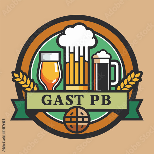 A stylized logo for a gastropub featuring a beer mug, two cocktails, and hops, Generate a simple and stylish logo for a modern gastropub with a rotating selection of local beers