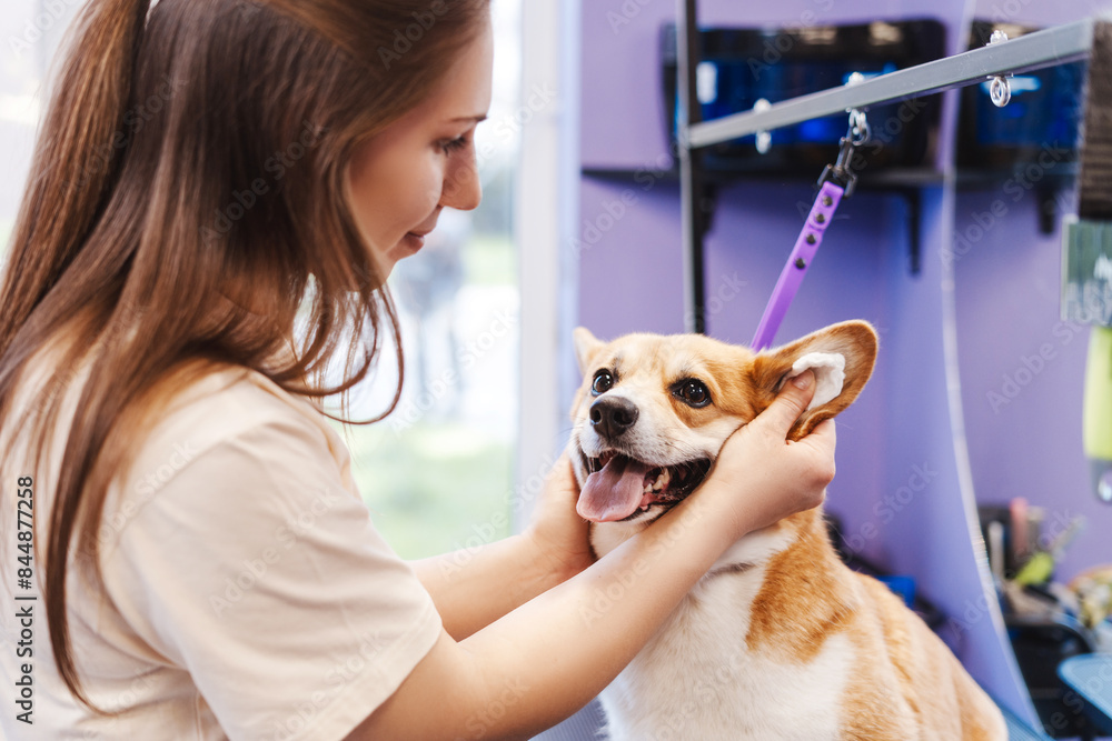 Professional woman groomer cleaning dog's ears at grooming salon Professional woman groomer cleaning dog's ears at grooming salon