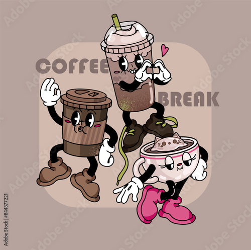 Coffee characters in funny 30s style. Cartoon drinks in retro style with line. Doodle cup with gloved hands and pink boots. A hand-drawn plastic coffee cup with a face and hands.