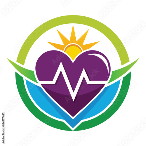 A logo design depicting a red heart with a blue background and a heartbeat pulse line, healthy love pulse logo