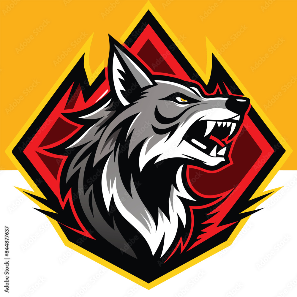 A digital illustration of a wolfs head in a diamond frame with red background, Howling predator sign. Wild canine animal symbol